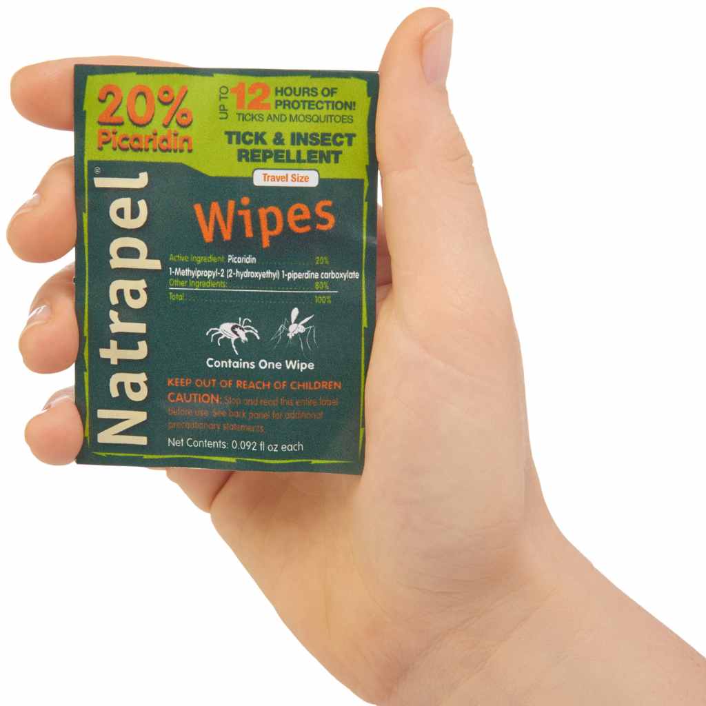 Natrapel Picaridin Tick & Insect Repellent Wipes individual wipe in hand
