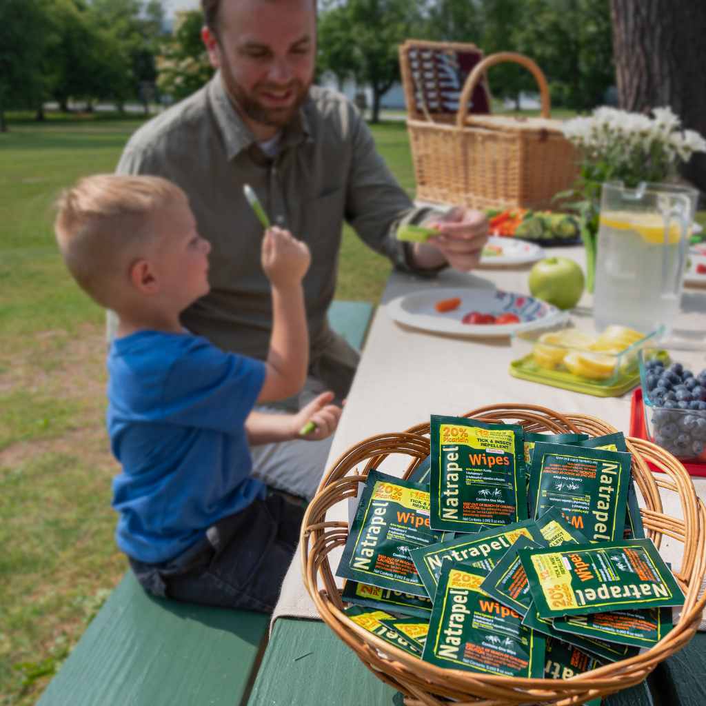 Natrapel Picaridin Tick & Insect Repellent Wipes basket of wipes at a picnic posed in front of father and son eating