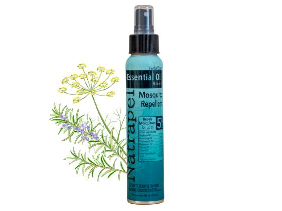 Natrapel essential oil in front of drawings of essential oil plants