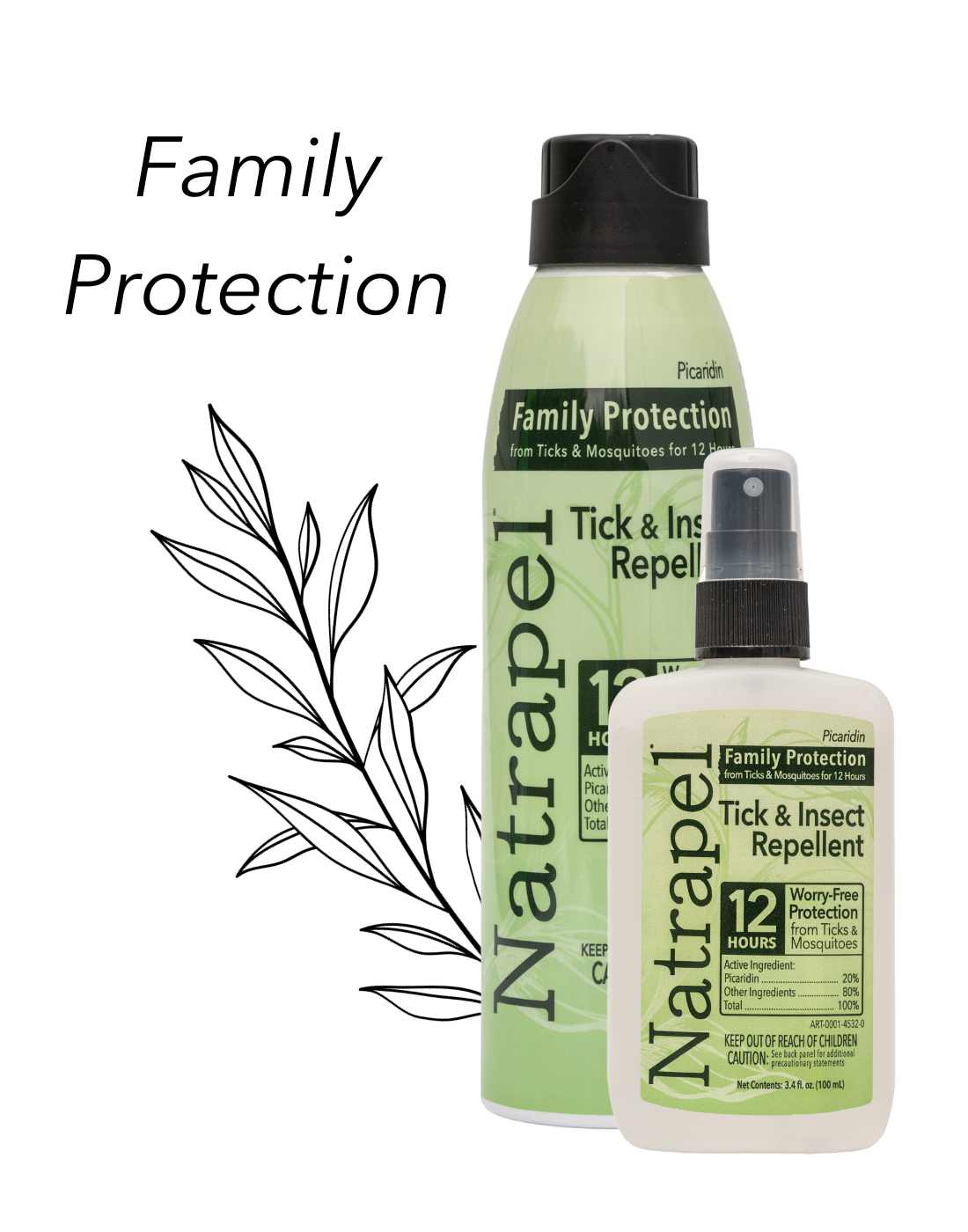 Family Protection, Natrapel Picardin Insect Repellents pictured over leafy outline