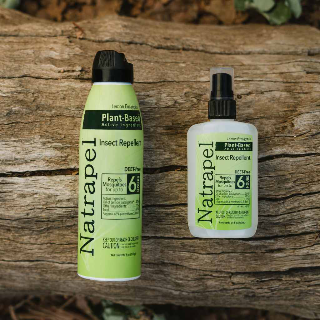 Natrapel Lemon Eucalyptus Tick & Insect Repellent 3.4 oz. Pump Spray posed next to 6 oz. in front of wood background