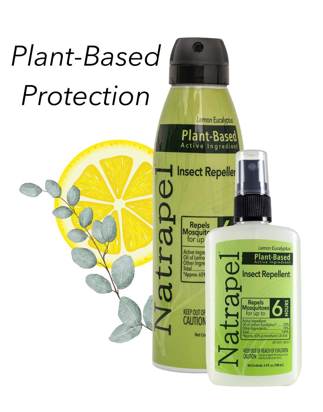 Plant Based Protection, Natrapel Lemon Eucalyptus Insect Repellents pictured over lemon and eucalyptus