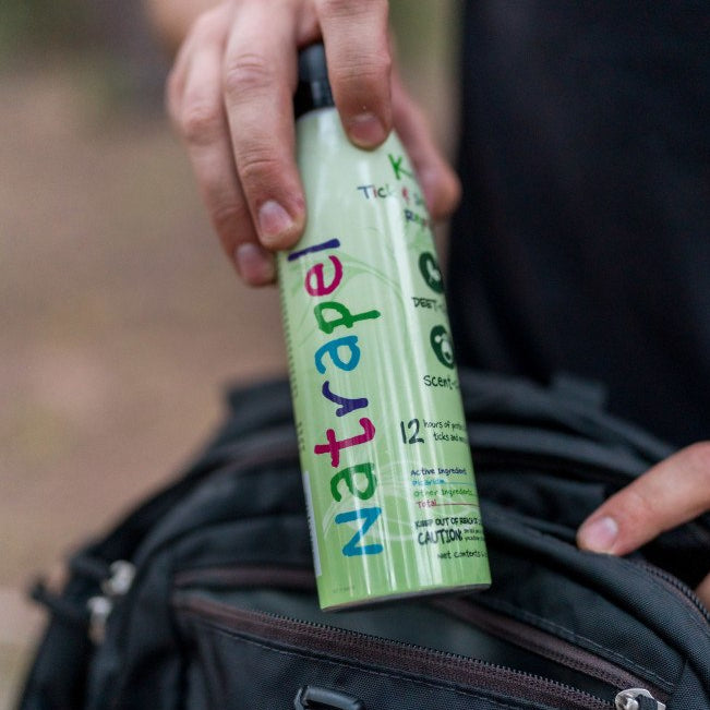 can of insect repellent being placed into backpack